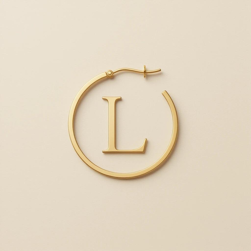 Minimalist gold hoop earring design with integrated letter L. Thin circular outline in soft gold finish. Modern urban-chic style on a clean background.