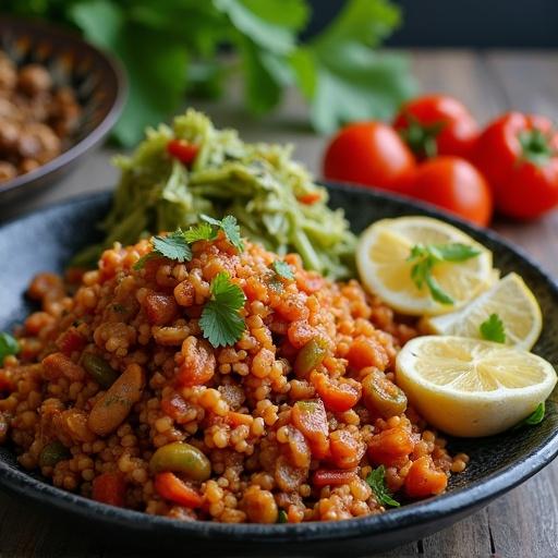 Plate of Indonesian couscous food with vegetables and garnishes. Fresh herbs and lemon slices placed for decoration. Natural lighting enhances food colors.