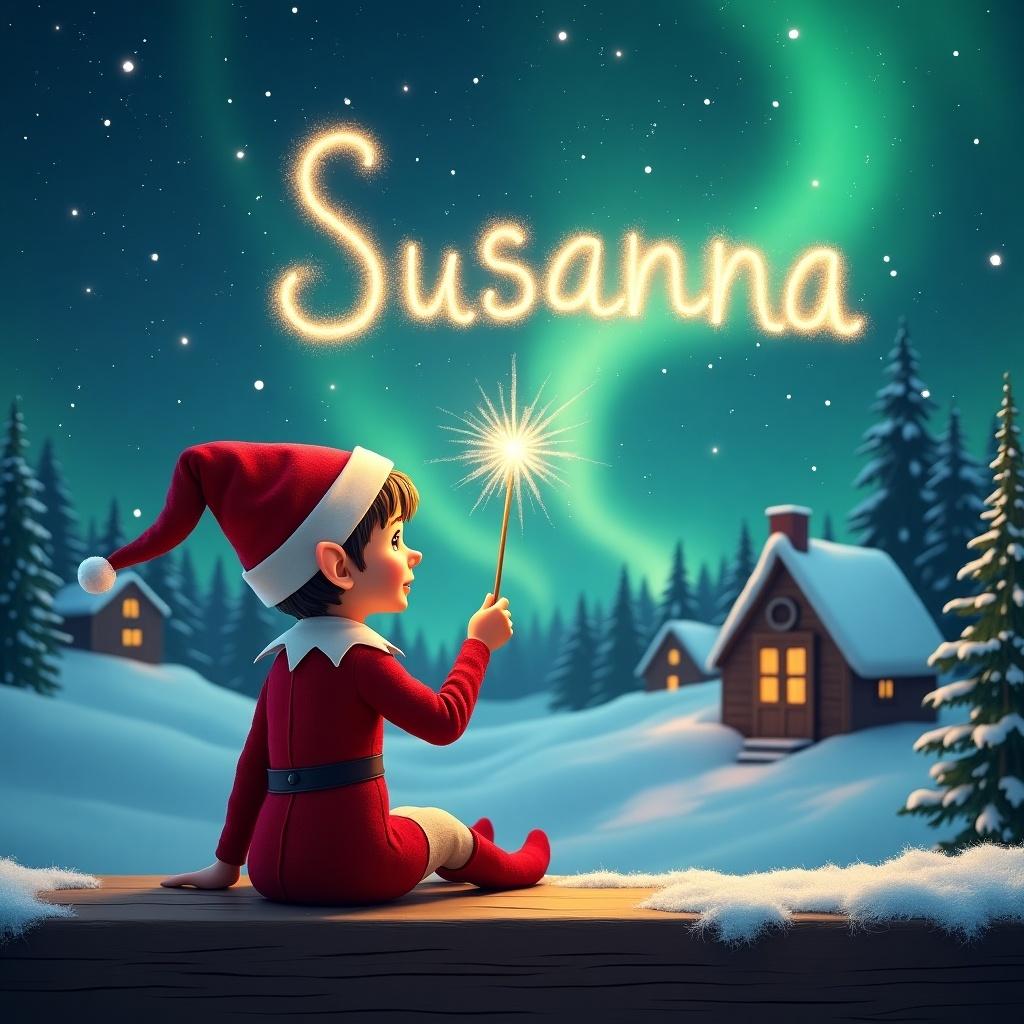 An elf sits on a wooden ledge looking at a magical sky. The elf wears a red outfit and a pointed hat. The elf holds a sparkling wand. The elf writes the name 'Susanna' in the starry sky. The background has a snowy landscape with houses and evergreen trees under Northern Lights. This scene embodies childhood magic and Christmas cheer.