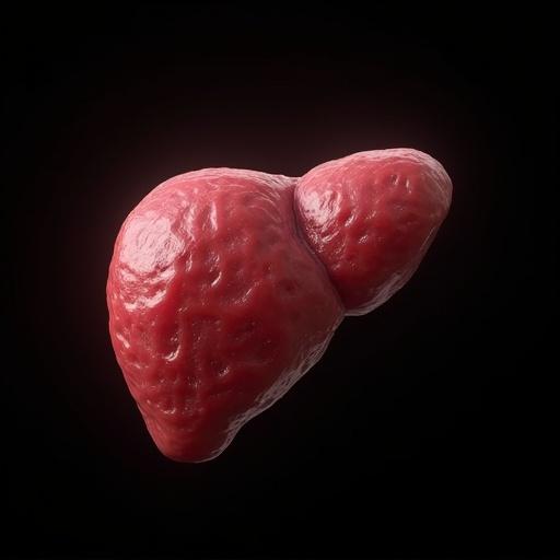 3D representation of a liver on a black background in a Pixar-like style. Focus on realistic textures and colors.