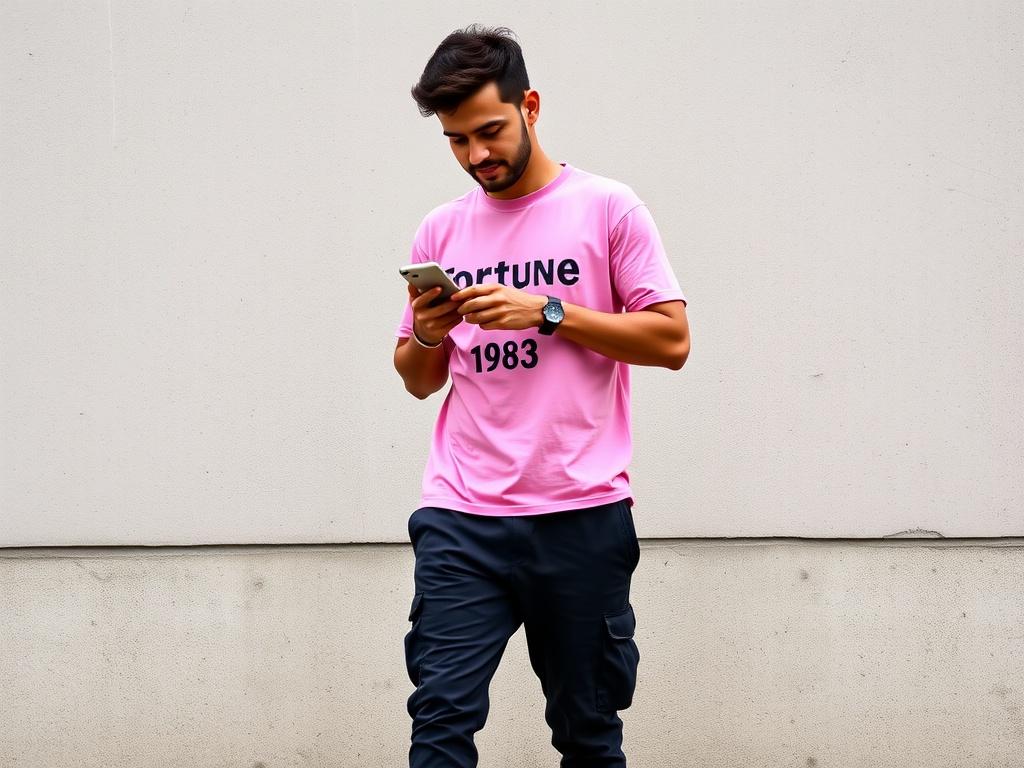 A man in a pink shirt checks his phone while walking.