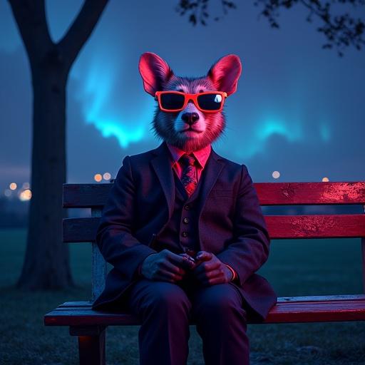 A dapper animal person on a park bench wearing neon sunglasses. A dark scene with a nebula sky in the background. Captivating visual for music album cover.