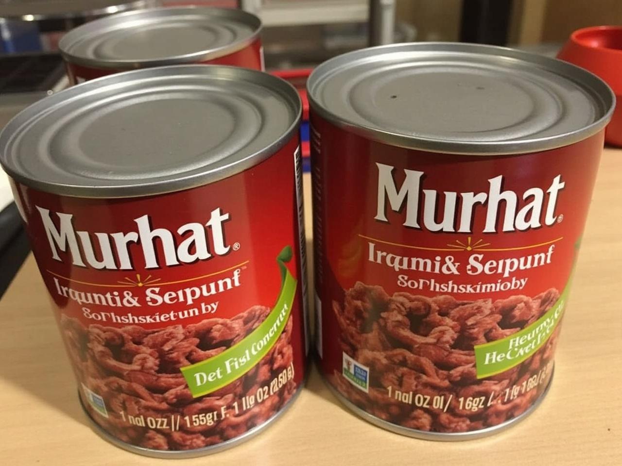 The image displays two cans of Murhat brand beef. Each can has a bright red color with clear labeling. The labels feature the brand name prominently. The products are likely meant for convenient cooking or meal preparation. The image is well-lit, showcasing the products effectively on a wooden surface. There’s a sense of organization and clarity in the presentation of these canned goods.