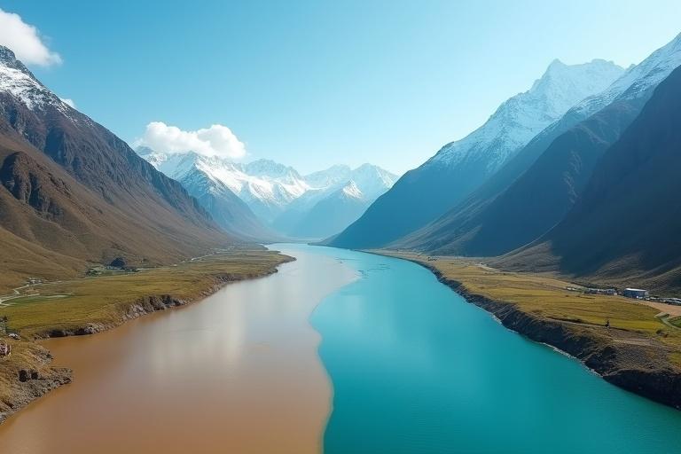 Ultra-realistic aerial view captures a massive river with two distinct colors. The left side is muddy brown-orange while the right is deep blue. Water merges in the center. Lush terrain is visible on both sides. Snow-capped mountains rise in the distance. Clear blue sky enhances the landscape.