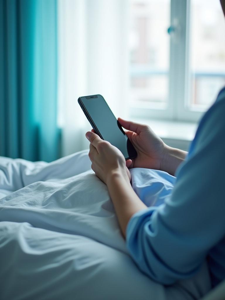 Photo taken from perspective of patient in hospital bed. Patient's hand holds smartphone. Background shows hospital room with blue curtains and natural light.