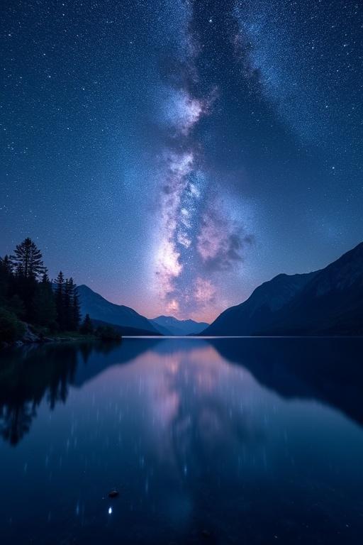 A breathtaking ultra-high-resolution wallpaper of a serene lake under a night sky filled with stars. The Milky Way is visible, with its reflection on the lake surface. Mountains and trees create silhouettes around the scene. The colors include deep blues and purples, evoking calmness and wonder. Natural and majestic with no artificial lights or people.