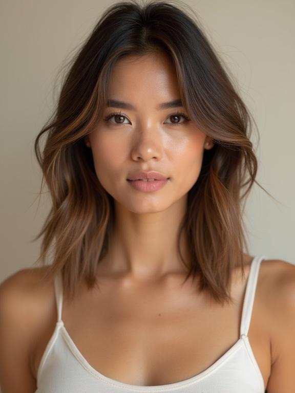 Portrait of a stylish 30-year-old woman with healthy medium-length hair. Showcase trendy hairstyles like sleek bob and soft waves in elegant style. Minimal chic makeup and smart-casual attire. Captured in high resolution with shallow depth of field and creamy bokeh. Natural window light from the side with soft key light.