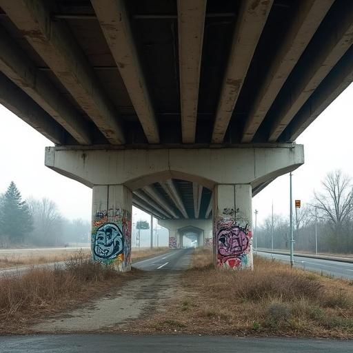 Image shows an underpass of a highway. Graffiti on concrete walls visible. Fog creates a misty atmosphere. Grass and shrubs are present in the surroundings.