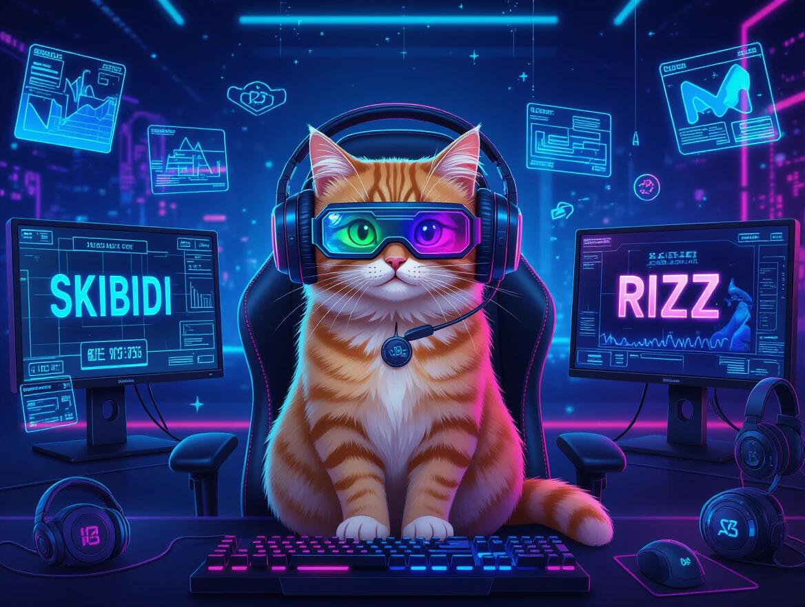 Fluffy orange tabby cat wears oversized gaming headphones and LED glasses. The cat sits at a high-tech gaming setup. Multiple holographic screens show text saying SKIBIDI and RIZZ. RGB lighting is present throughout. Virtual reality elements float around. The art has a futuristic neon aesthetic. The digital art style is highly detailed and vibrant.