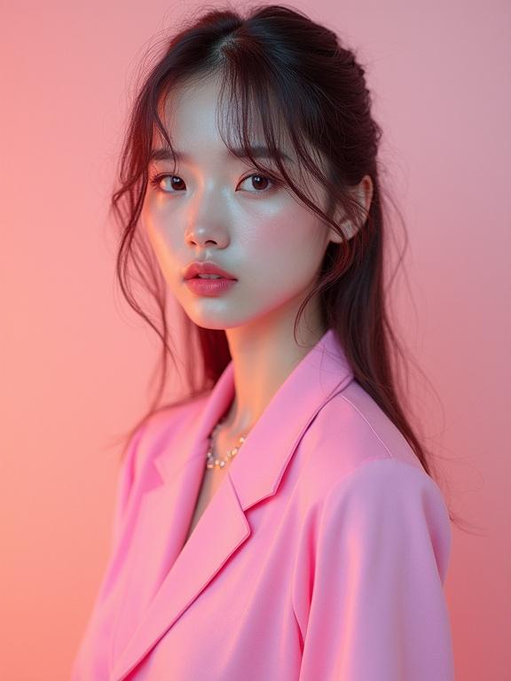 Surreal presentation of a young adult model wearing pink attire against a soft pink backdrop. Delicate features of the model highlighted with soft lighting. Ideal for fashion and beauty promotions.