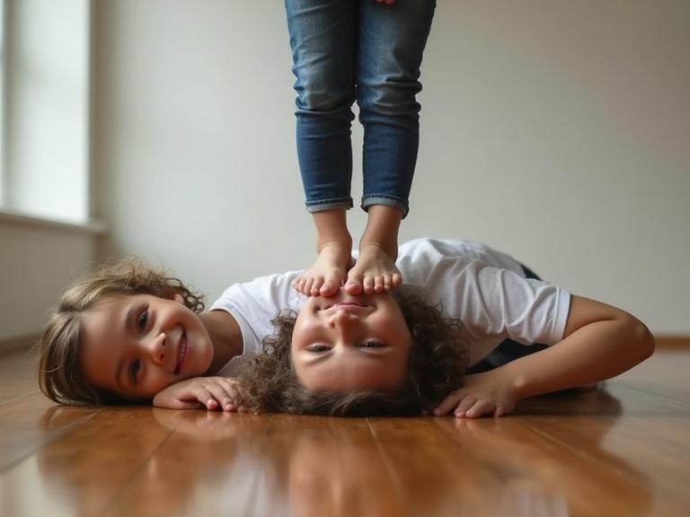 Smiling barefoot girl standing on nose of friend laying down on highly reflective wooden floor. The background features a bright open space with natural light.
