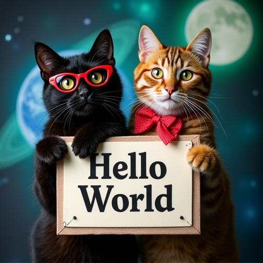 Two cats, one black and one calico. Cats hold a sign that says Hello World. Deep space scene in background with blue planet and green moon. Black cat wears red glasses. Calico cat wears a bow. Realistic photograph with studio lighting.