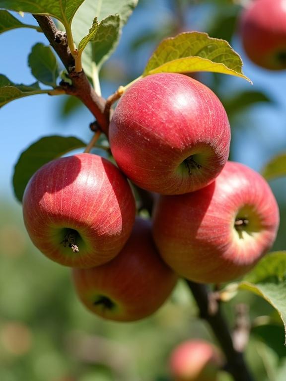 Photograph showcases a cluster of red apples on a tree branch. Apples are close-up in bright sunlight. Green leaves are visible with veins. Background is a clear blue sky. Apples display detailed texture with slight speckling. The scene captures various stages of ripeness. Tree trunk and other branches are partially visible. Slight bokeh effect is present, creating a warm atmosphere.