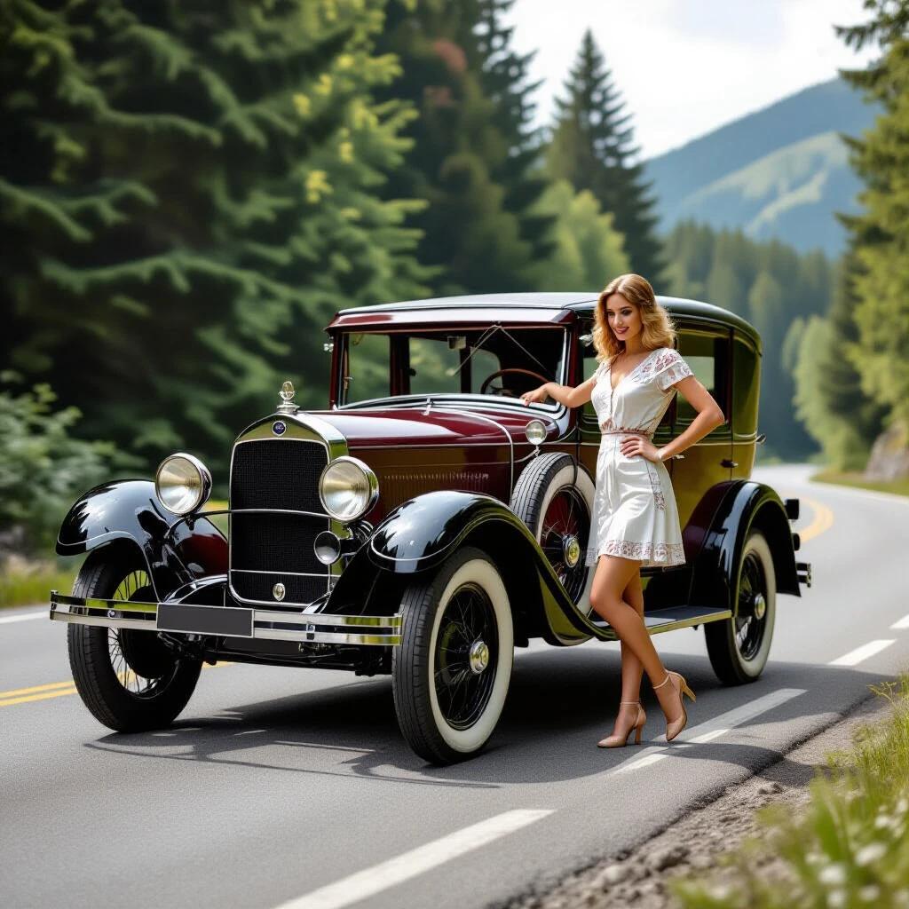 Photorealistic image of a 1928 luxury car on an unpaved road. The car is parked with the driver door wide open. A woman is interacting with the left front tire. The tire is flat and damaged at the bottom.