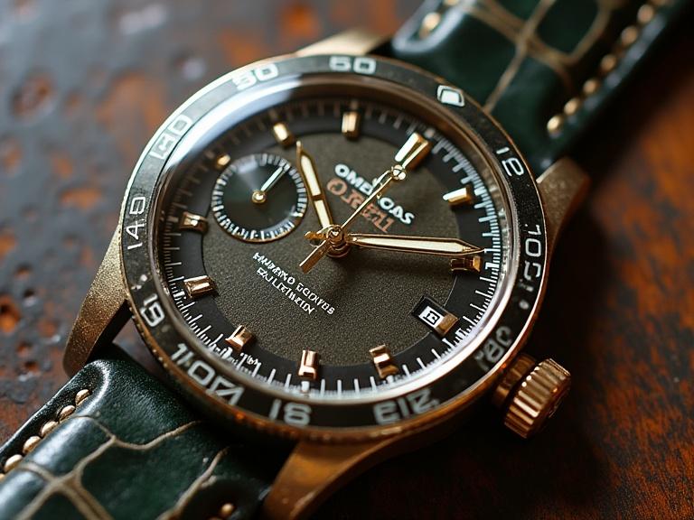 Close up of a luxury Omega watch. Watch features a brown strap and green dial. Highlights include gold accents and detailed dials.