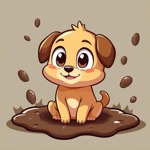Cartoon dog sitting in mud with joyful expression. Puppy with large eyes and friendly smile. Brown fur and white belly. Mud splatters around dog.
