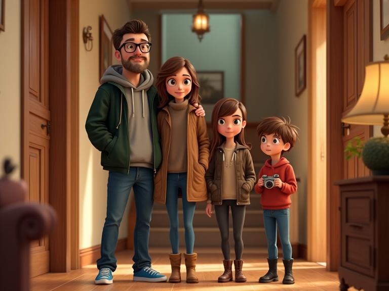 A family of four stands together in a cozy hallway of a home. The father holds a telescope. The mother holds an old carpet. The daughter holds an old camera. The son holds a sailor’s journal. They are excited about their market day. The scene captures warmth and family togetherness.