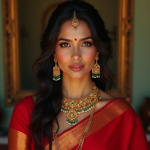 Portrait of a South Indian woman with expressive eyes. She wears a red saree and gold plus emerald jewelry. Warm lighting enhances her skin. Hair styled in waves. Scene has elegant detail with motifs and stunning realism. Captures elegance and beauty, highlighting jewelry and physique.