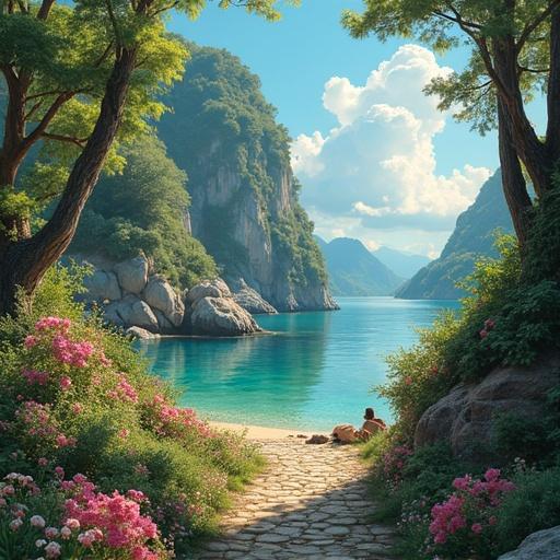 Breathtakingly beautiful landscape with turquoise water mountains greenery and flowers