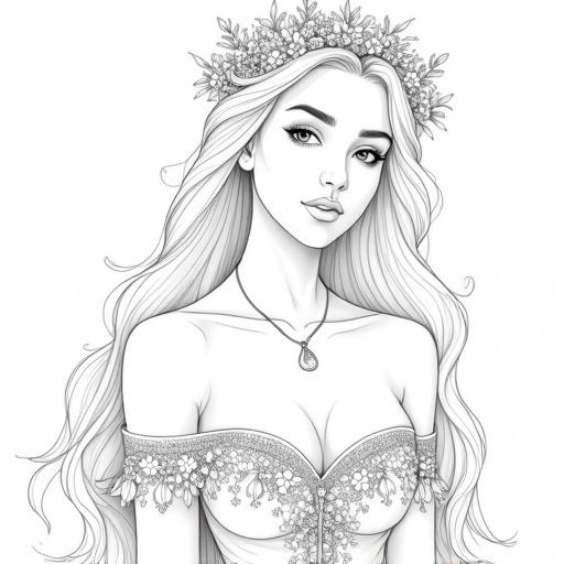 Elegant black and white line art for adults. Portrait features a serene young woman with flowing wavy hair. She wears a floral wreath and a teardrop pendant necklace. The gown has an intricately detailed bodice with floral motifs. Soft expression. Clean lines and no color.