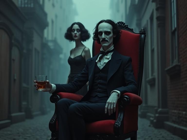 A pale figure reminiscent of Edgar Allan Poe sits on a gothic chair. The figure holds a glass of whiskey and has a sad smile. In the background, a ghostly young Italian woman with dark hair and large black eyes stands. The scene is set in a foggy, narrow street at night, with muted red, blue, and gray colors. The style reflects 1920s retro-futurism in a grotesque realistic animation.