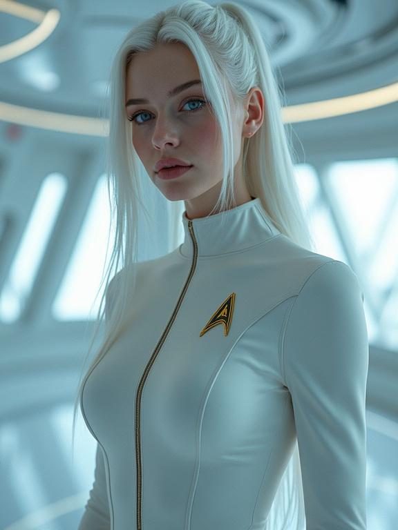 Hyperrealistic depiction of a woman in a tight-fitting white Starfleet bodysuit. Features include long white hair, pale skin, and striking blue eyes. Ambient futuristic setting. Professional low-angle shot highlighting her features.