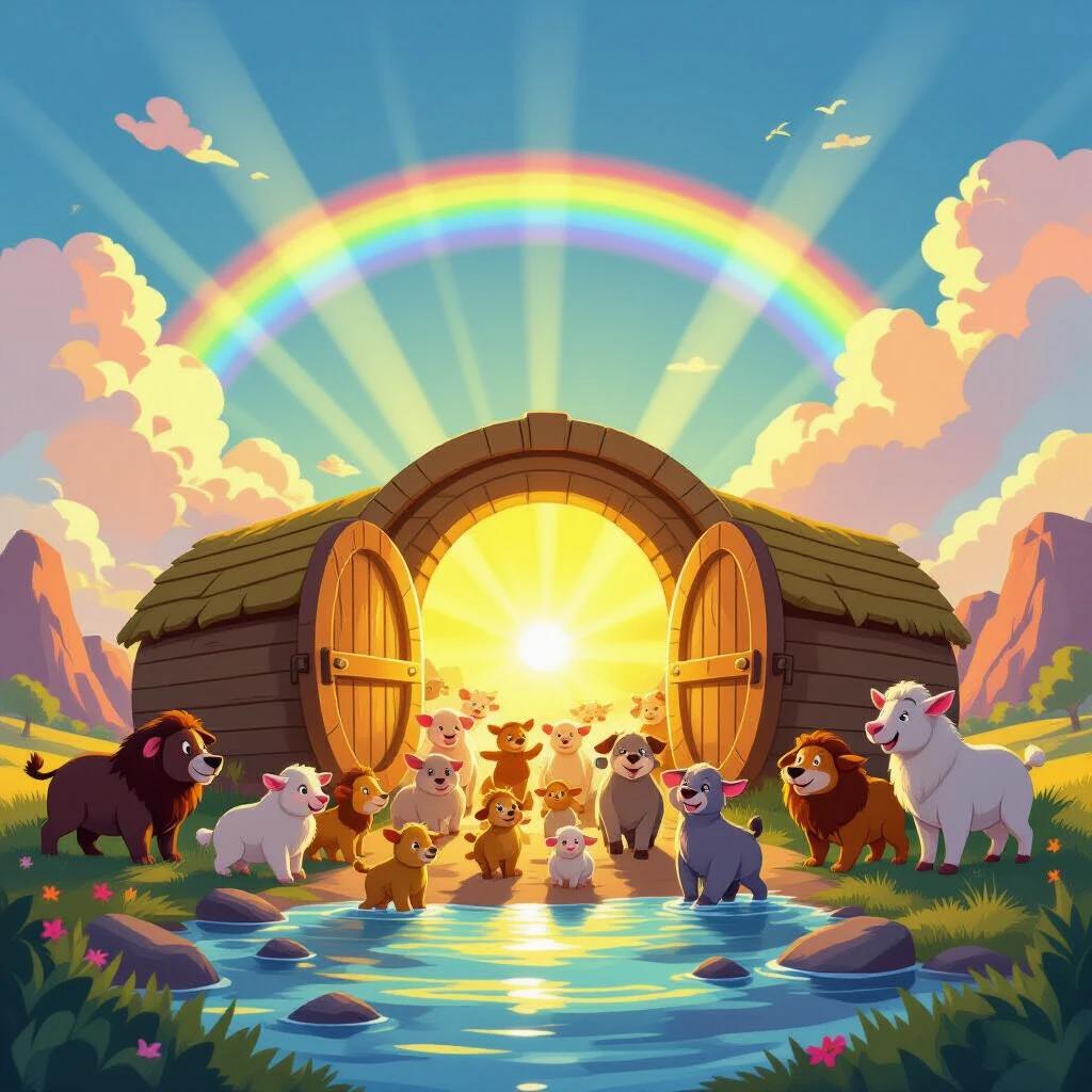 A vibrant cartoon depicting an open ark illuminated by golden light at sunrise. Animals of various kinds exit joyfully with a full rainbow arching across the blue sky. The scene portrays a hopeful and cheerful atmosphere.