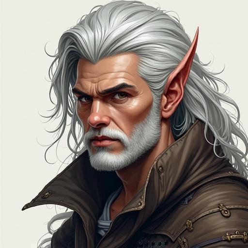 Dibujo de hombre atractivo con cuernos, semi dios, mitad hombre, mitad bestia de cabellos platinos pero de apariencia joven y con cuernos. Viste ropas de fantasía.
