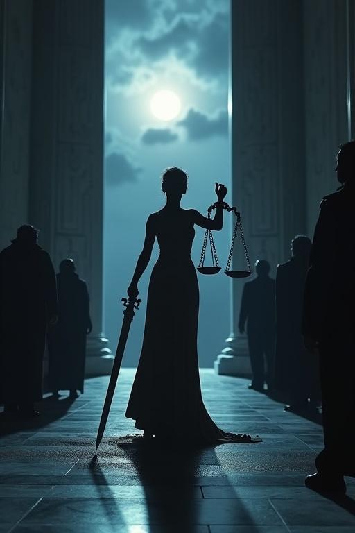 Lady Justice stands in a grand courthouse. She is blindfolded, holding scales and a sword. Surrounding her are dark silhouettes of representatives. The scene is illuminated by moonlight, creating a somber tension. Shadows are long and dramatic.