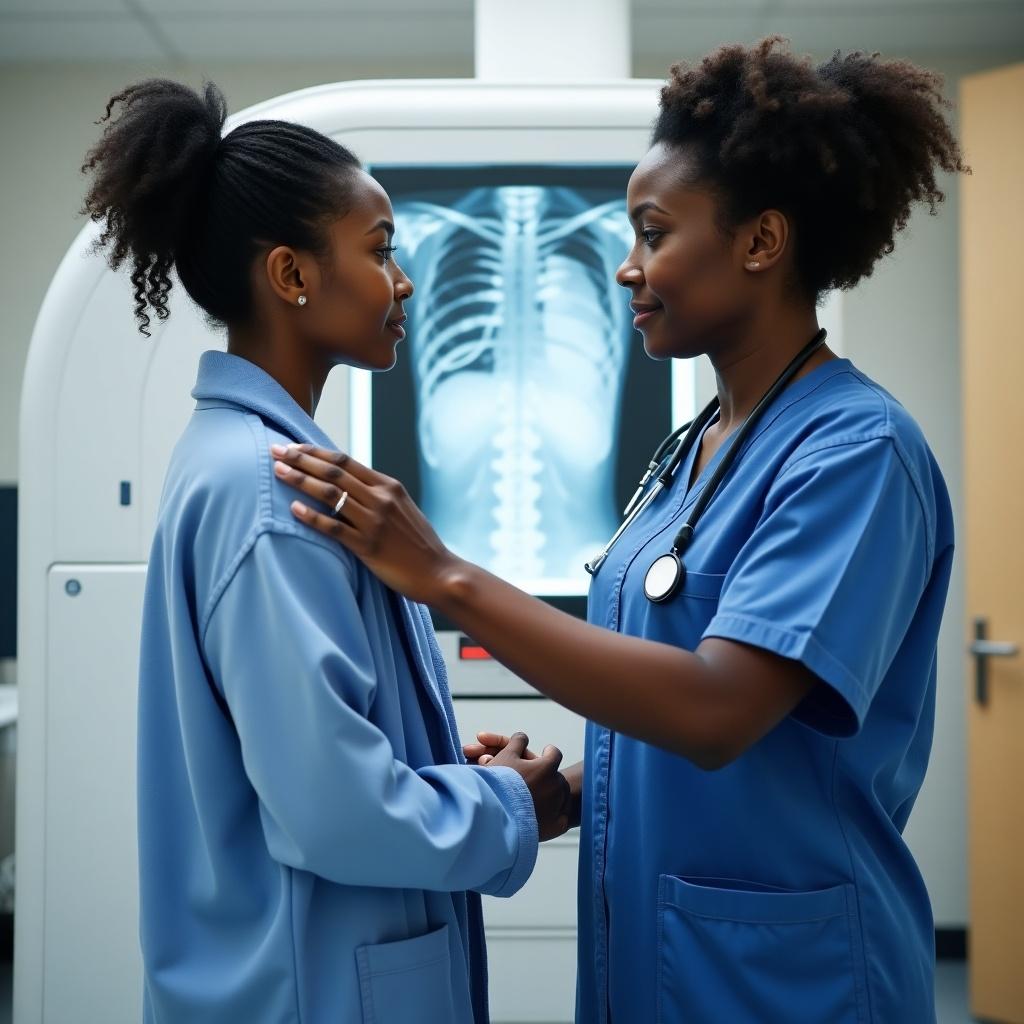 This image depicts a black female radiographer assisting a female client during a chest X-ray procedure. The radiographer, wearing professional medical scrubs, is gently guiding the client, who is in a blue hospital robe. The modern X-ray machine is partially visible in the background. The environment is a clean and well-lit medical imaging room, emphasizing professionalism. The interaction reflects a calm and reassuring atmosphere, showcasing the importance of patient care in healthcare settings.