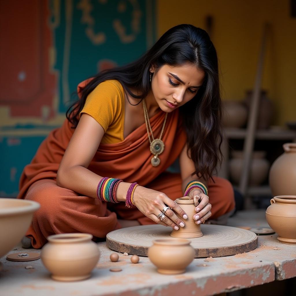 The image features an Indian woman skillfully crafting a clay harndi on a traditional potter's wheel. She is dressed in a vibrant orange sari, which complements her earthy surroundings. Focused and dedicated, her hands expertly shape the clay into a beautiful form. Various clay pots are arranged neatly around her, showcasing her craft. The warm, natural lighting highlights her craftsmanship and the organic textures of the clay.