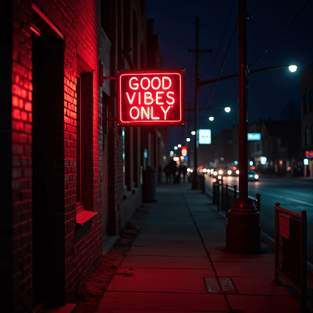 A nighttime street scene with a bright red neon sign reading 'Good Vibes Only'.