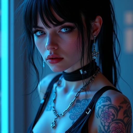 Photorealistic portrait of a futuristic gothic woman. Focus on breasts and medium round shape. Features neon tattoos and holographic accessories. Intense blue eyes and dark messy hair. Smooth flawless skin highlighted by stark cinematic lighting. Styled in cyberpunk fantasy. Created in Unreal Engine 5 with ray tracing and HDR. Captures the essence of dynamic futuristic aesthetics.
