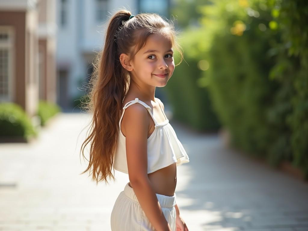 The image features a young girl with long, flowing hair styled in a ponytail. She is dressed in a stylish white two-piece outfit that reflects a summertime vibe. The girl is positioned slightly turned, displaying a gentle smile and exuding a cheerful demeanor. The background highlights a charming urban setting with buildings and lush greenery, enhancing the relaxed feel of the scene. Overall, the image captures a perfect moment of childhood joy in an outdoor environment.