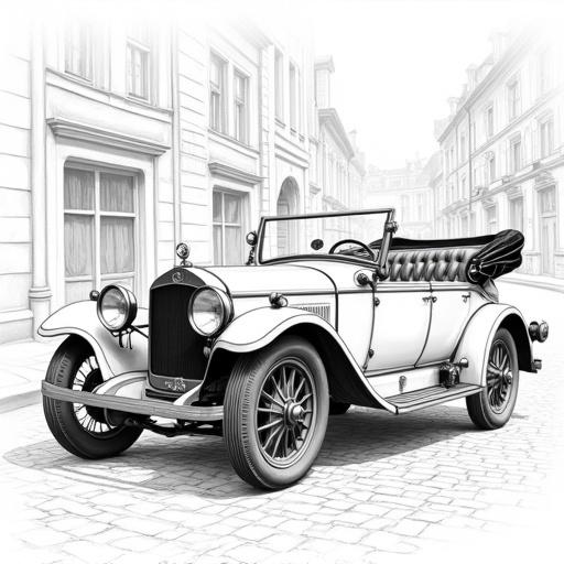 Black and white line art illustration of vintage touring car. Car from 1910s-1920s. Convertible top down revealing tufted leather seats. Features large headlamps and prominent radiator grille. Parked on cobblestone street. Light background of European-style buildings. Emphasis on detail and linework.