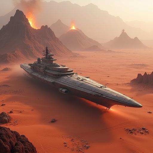 Large galactic freighter above desert planet with red sands in mountain valley featuring peaks, caves, and volcanoes.