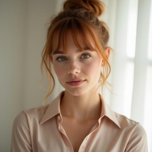 Professional headshot of a young French woman with auburn blonde bangs and a tight top bun. She is wearing a thin silk shirt. Expression is warm and neutral. Soft lighting creates eye catchlights. The backdrop is blurred off-white with shallow depth of field. Image is high-quality and cinematic, showcasing natural features.