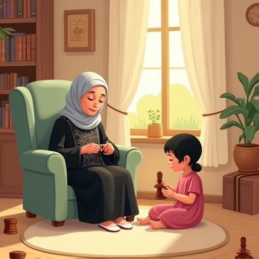 A warm grandmother’s room filled with old books and vintage boxes. A round off-white rug on the floor. A comfy olive green armchair with an elderly woman crocheting. A young girl in a pink dress sitting cross-legged on the floor in front of a distinctive wooden box. Five wooden pillars from the box being inspected by the girl. Soft lighting through the window with off-white curtains.