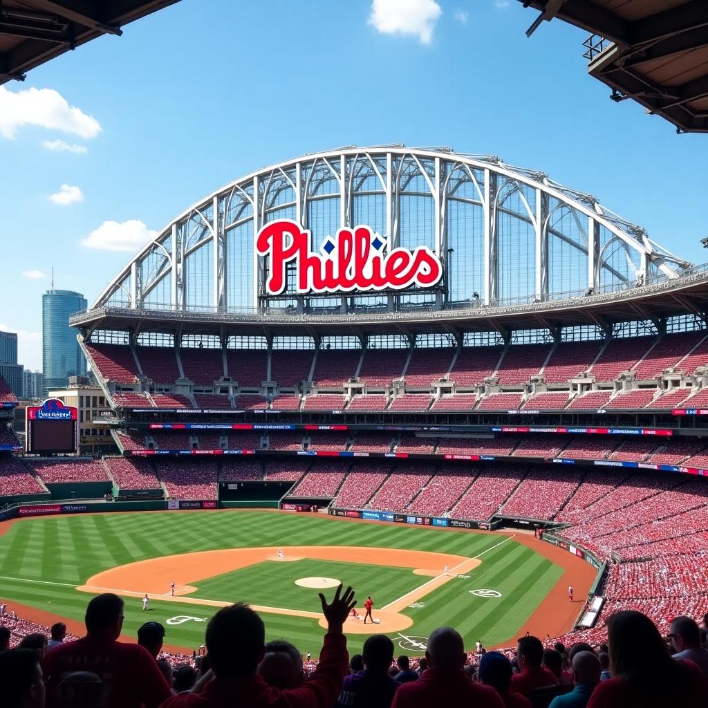 Philadelphia Phillies stadium features a retractable dome. The iconic logo is prominently displayed on top of the dome. The scene captures a vibrant crowd enjoying a game on a sunny day.