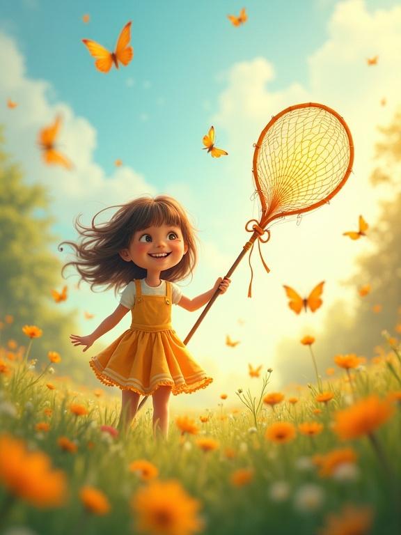 Cheerful girl in a sunlit meadow with a butterfly net. Butterflies flying around. Vibrant colors of spring. Rendered as a 3D pop-up storybook illustration. Beautiful and stunning composition.
