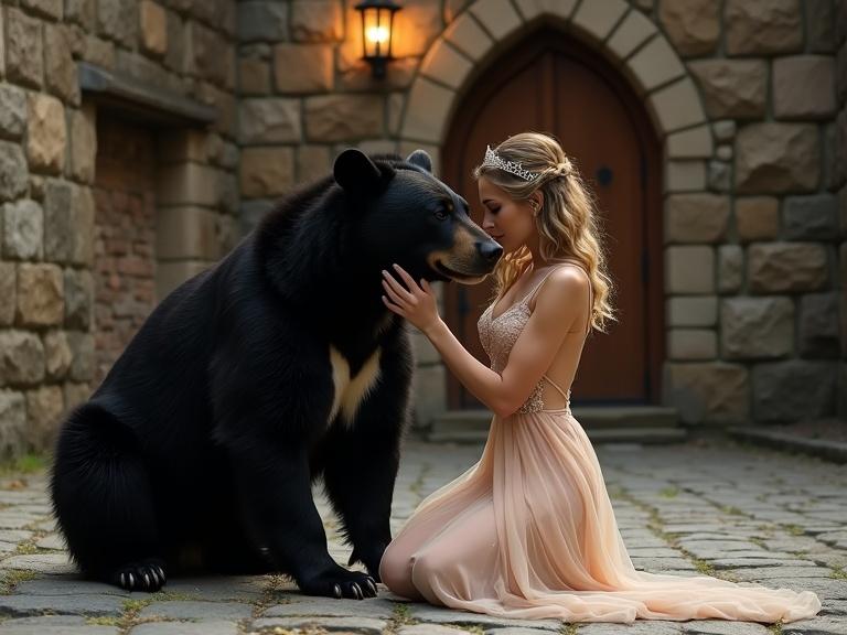 A woman kneels next to a black bear in a cobblestone setting. She touches the bear's face gently. Background includes a stone wall and a wooden door with a lantern. The woman wears a light dress and a tiara.