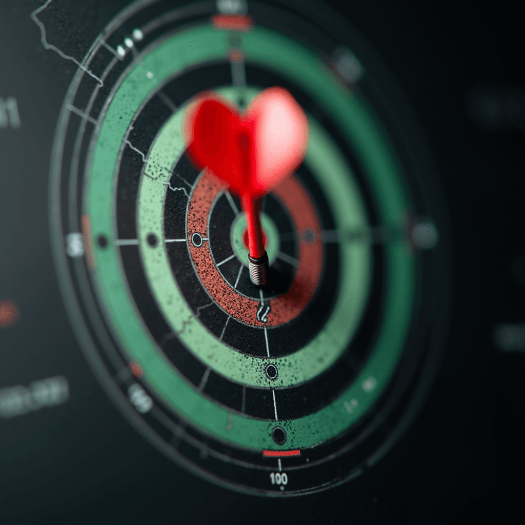 A red dart with heart-shaped flights is perfectly hitting the bullseye of a dartboard, which features concentric green and red circles.