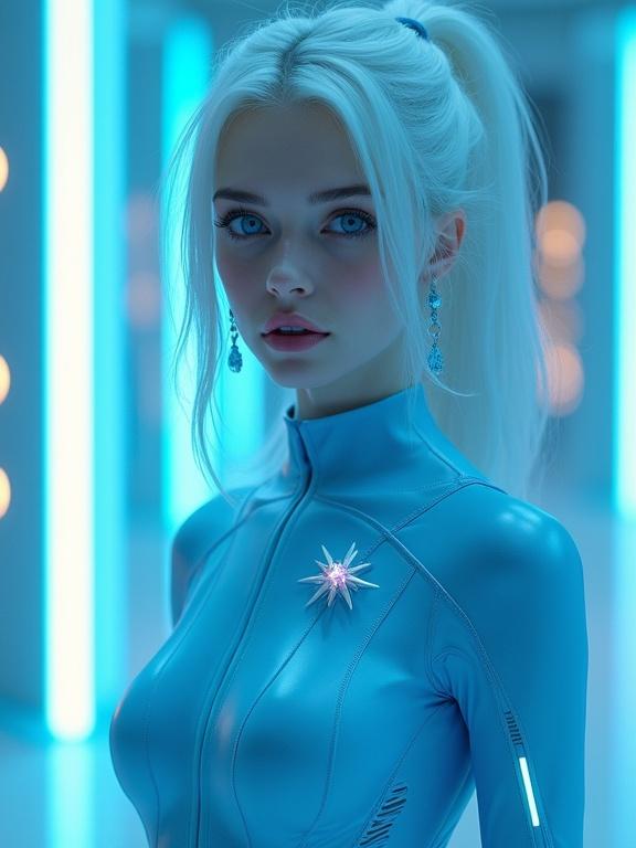 Hyperrealistic portrait of a woman in light blue bodysuit. Nordic woman with long white hair and brilliant blue eyes. Form-fitting attire featuring a Starfleet pin. Surrounded by vibrant ambient lighting. Low angle perspective captures details of the bodysuit and her facial features. Slim and tall with a dynamic composition.