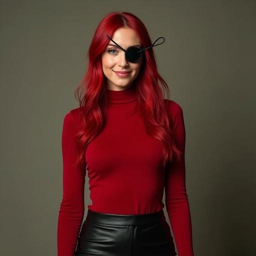 Young woman with red long straight hair. She has a thin sharp face. Wearing an eyepatch. Wearing a red tight long-sleeved turtleneck blouse and a tight leather miniskirt. She is wearing high-heeled black shoes. She appears confident and stylish.