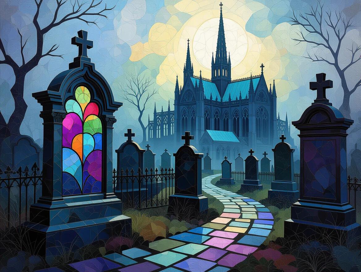 Gothic graveyard scene featuring a grand church in the background. Stained glass window with colorful designs. Pathway leading through gravestones. Dark, atmospheric setting with trees.