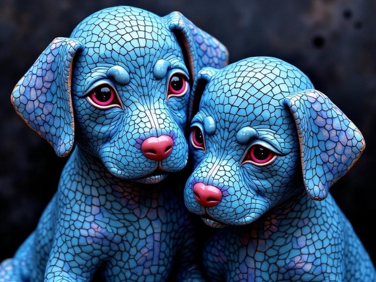 3D blue polka dotted sculpture of two puppies. Background is dark, highlighting the sculptures' glow and colors. The puppies have pink and black eyes, a glossy finish, and a unique artistic style.
