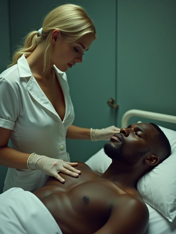 Image of a blonde woman nurse in a white uniform attending to a shirtless black male patient in a clinical setting. The nurse appears focused on patient care.