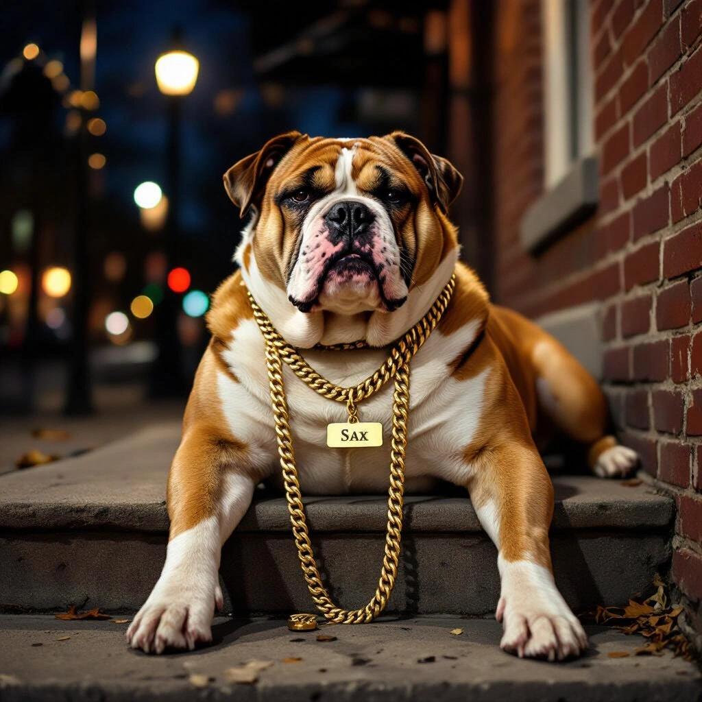 Surreal photo of a bulldog on a stoop at night. Dog appears relaxed with gold chain and name tag SAX. Night street lights create an intriguing background.