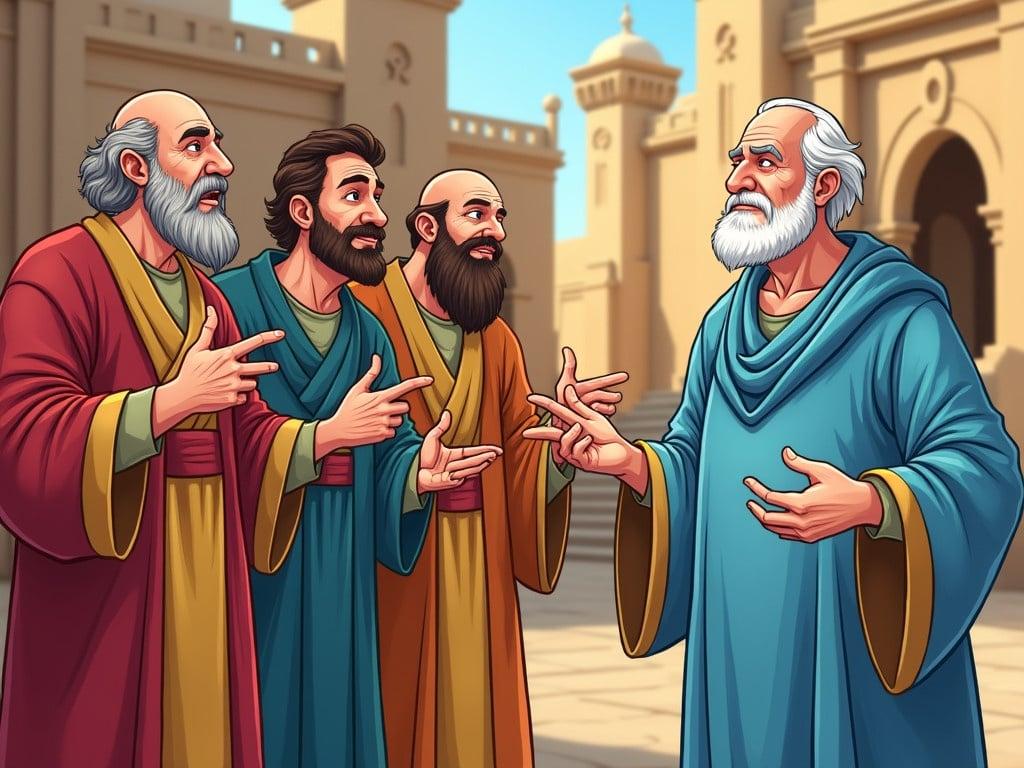 In ancient Babylon, a cheerful cartoon illustration depicts a group of middle-aged men with exaggerated, sneaky, and cunning facial expressions. They are adorned in royal robes of various vibrant colors, whispering and pointing mischievously towards an old man named Daniel. Daniel stands peacefully, wearing a simple light blue robe that radiates confidence and tranquility. The background showcases a colorful and grand palace, enhancing the sense of royal intrigue. The atmosphere captures the contrast between Daniel's calm demeanor and the scheming actions of the men.