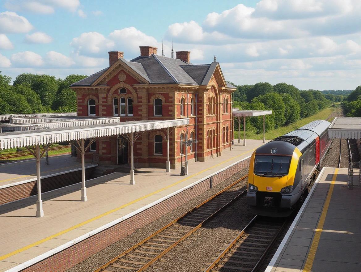 Railway station building with a train arriving at the platform. The building features red brick architecture and surrounded by green trees. The station is bustling with activity as passengers prepare to board.